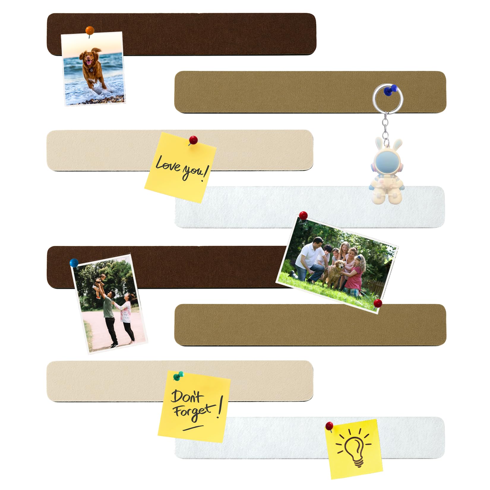 HULAVO 8Pcs Rectangle Felt Cork Board Bar Strips with 35 Pushpins, Self-Adhesive Bulletin Board Strips for Office School Home Wall Decor Stickers