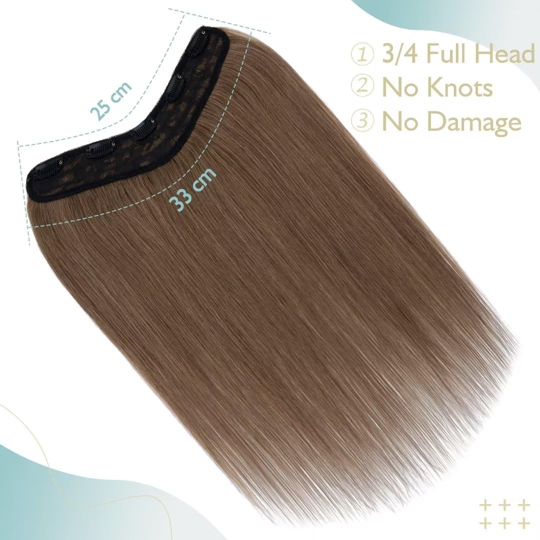 TESS Clip In Hair Extension 14 Inch,Hair Extensions Real Human Hair One Peice U-Shaped Straight Hairpieces for Women/Ladies/Girls(#6 Light Brown,14Inch) - Image 3
