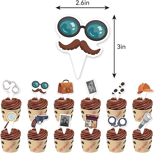 Miniatura 5 de Decoraciones de cumpleaños de detective, suministros de fiesta, incluye pancarta de detective, decoración de tartas, decoraciones de cupcakes,