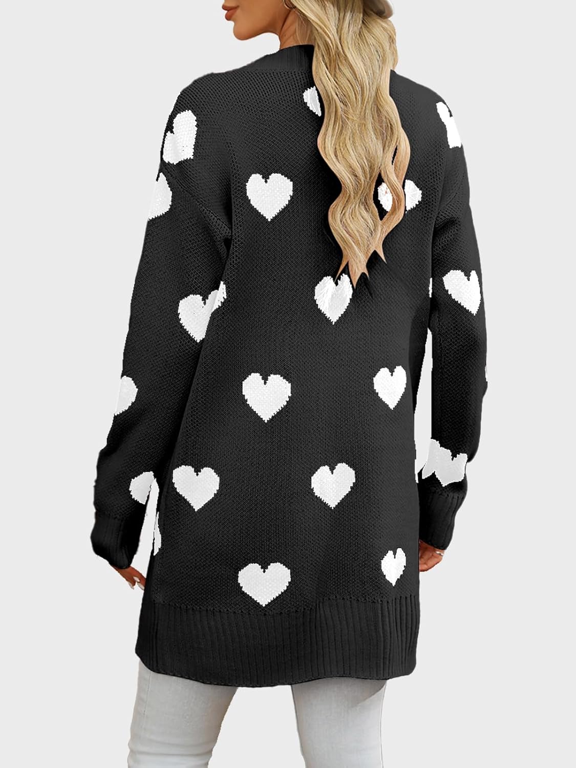 HOULENGS Women's Cute Heart Long Cardigan Sweaters V Neck Ribbed Knit Open Front Sweater Coats with Pockets - Image 2