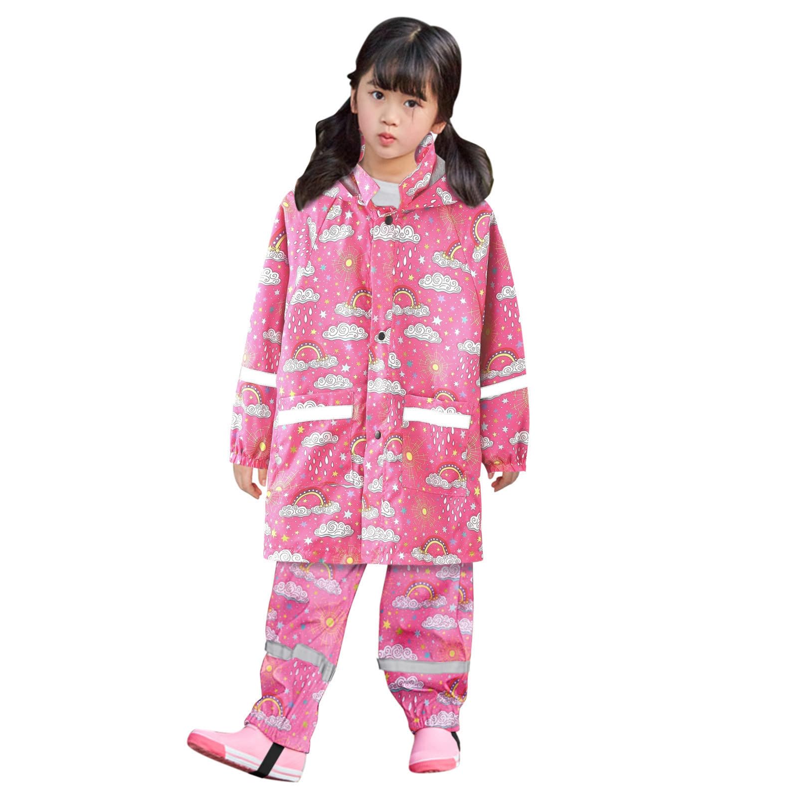 Genérico Chubasquero Niña - Chaqueta Impermeable con Capucha Y Botones Estampada con Dinosaurios Y Arcoíris para Niños Y Niñas Impermeable De Manga Larga con Capucha Y Pantalones Tipo Gabardina