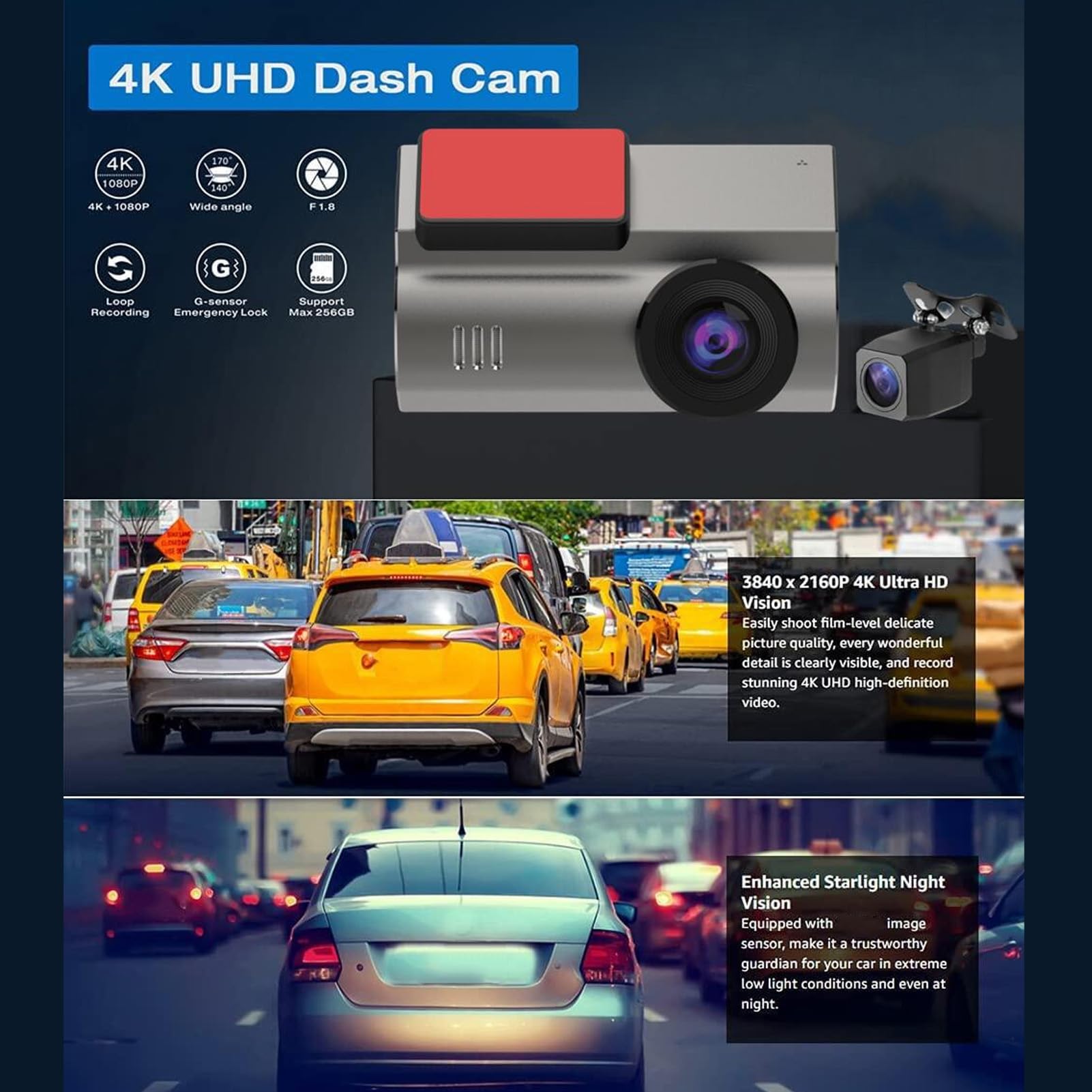 Rejestrator Jazdy Samochodem z Przodu i Tyłu 4K 1080P, Nagrywanie w Pętli z Noktowizorem na Ekranie IPS o Przekątnej 1,47 Cala z Czujnikiem G o Szerokim Kącie 170 Stopni