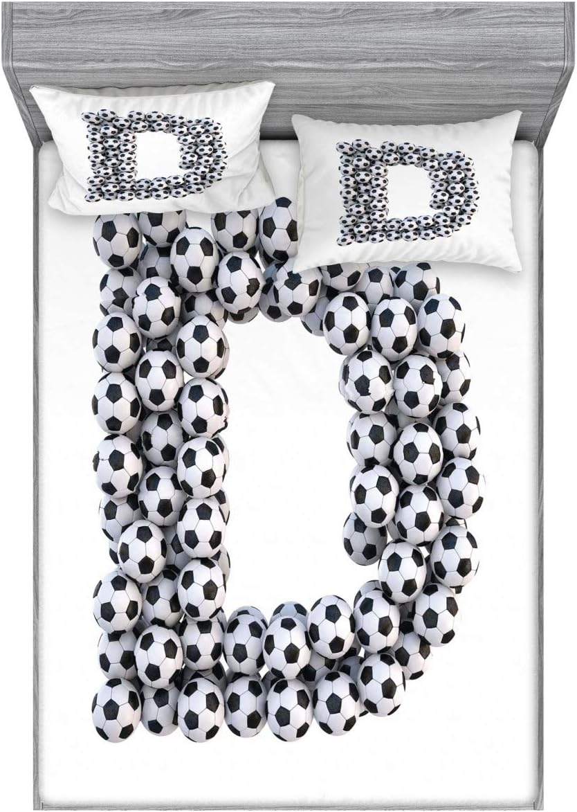 Ambesonne Letter D Fitted Sheet & Pillow Sham Set, Soccer Balls in The Form Alphabet Retro Monotone Arrangement, Decorative Printed 2 Piece Bedding Decor Set, Full, Black and White