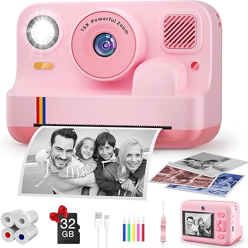 Cámara de impresión instantánea para niños, impresión de aplicaciones, video 1080P, cámara digital selfie de doble lente con 32G SD, regalos de