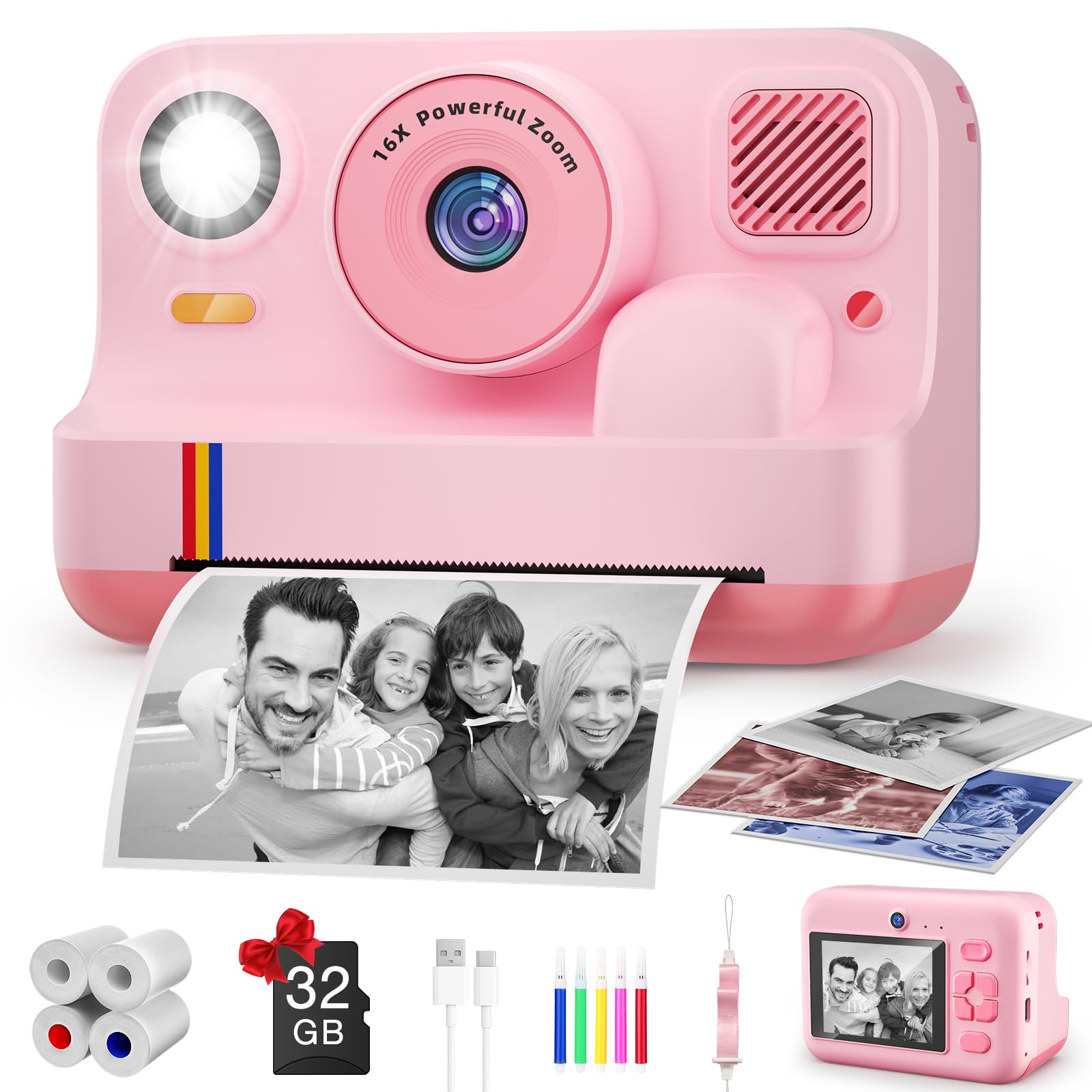 Instant Print Camera for Kids, App Printing, 1080P Video, Dual-Lens Selfie Digital Camera with 32G SD, Christmas Birthday Gifts for Girls Boys 4 5 6 7