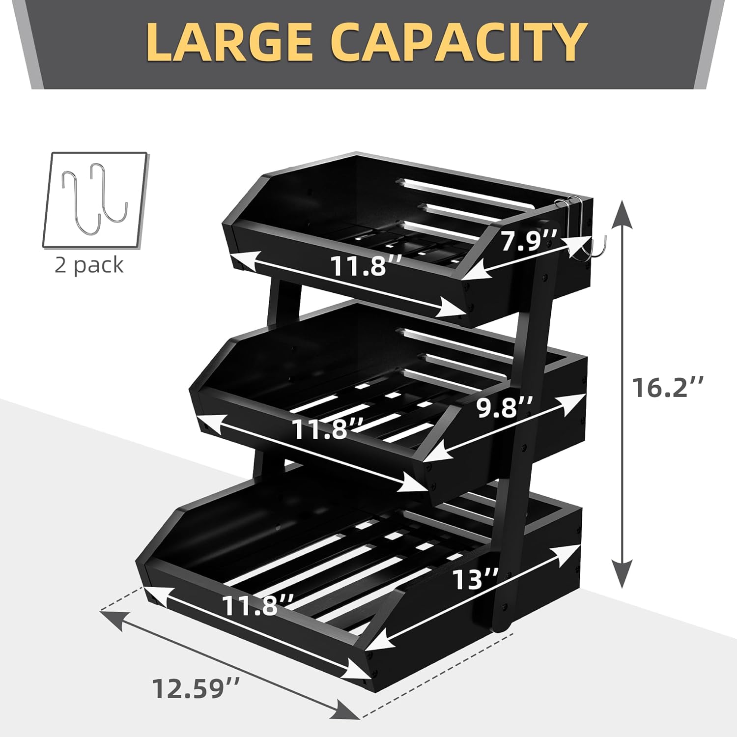 Bamboo 3 Tier Fruit Basket For Counter, Large Capacity Fruit Storage Countertop, Fruit Holder, Wooden Pantry Organizers and Storage, Kitchen Countertop Organizer With Two Banana Hangers (Black) - Image 3