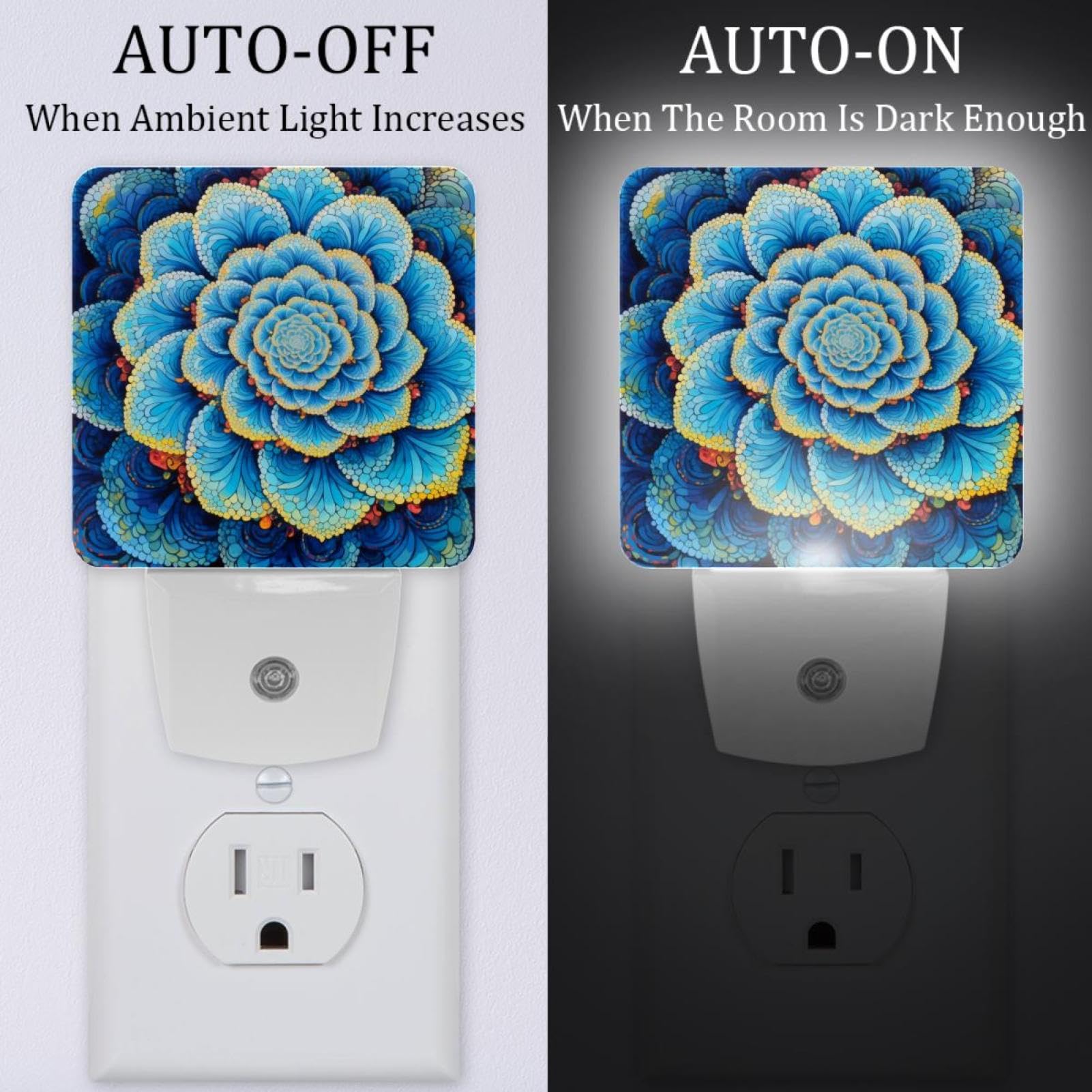 NEWzone Mandalas Flower Night Light Plug into Wall for Girls Boys Room, Decorative Nightlights Auto Sensor Led Lights Wall Decor Gifts for Women Nightlight, 2 Pack