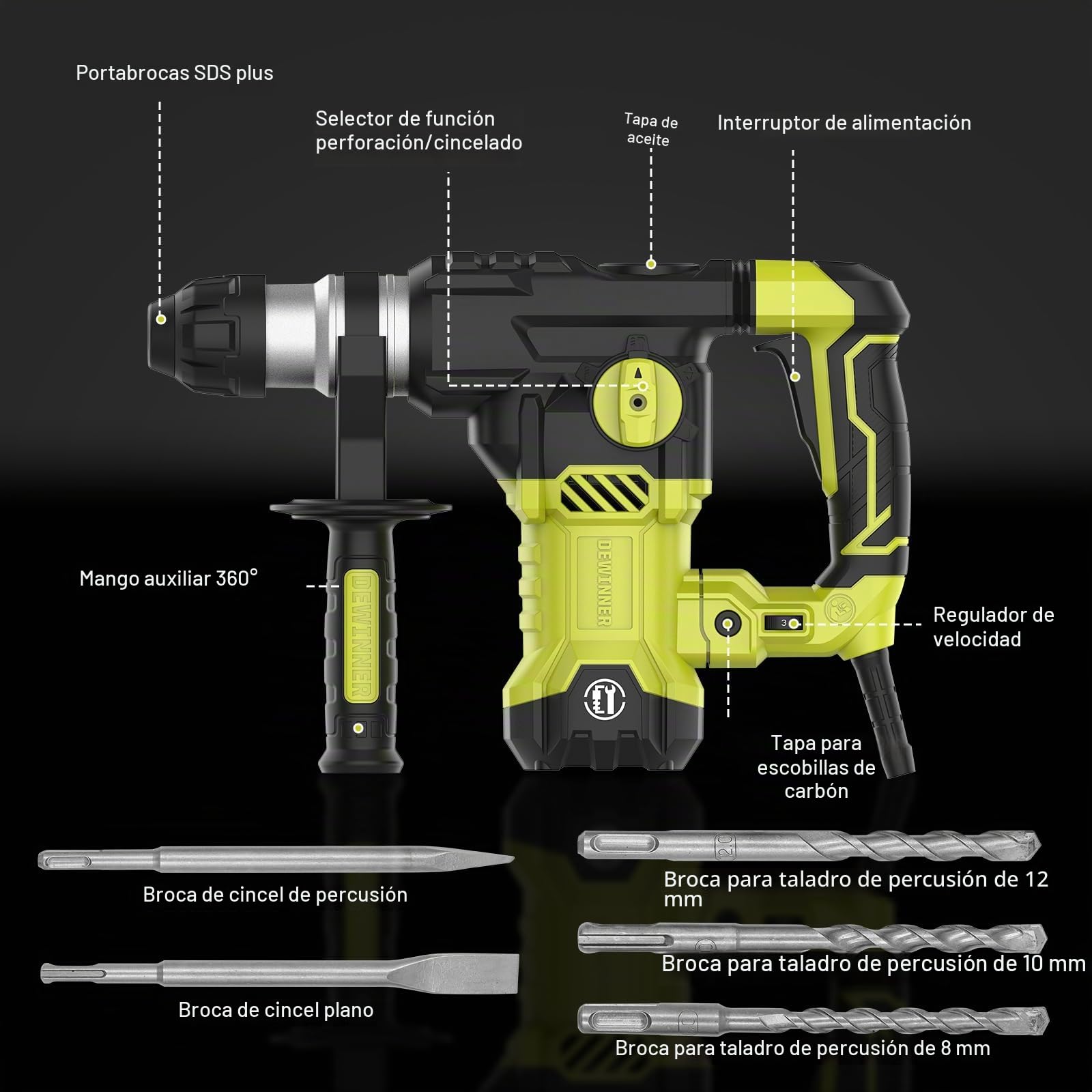 DEWINNER Martillo Percutor SDS-Plus,1500 W, 6 velocidades, 850RPM, 4400BPM, 5.5J, embrague de seguridad y tecnología antivibración, 4 funciones, incluye organizador, cincel y broca de 32mm