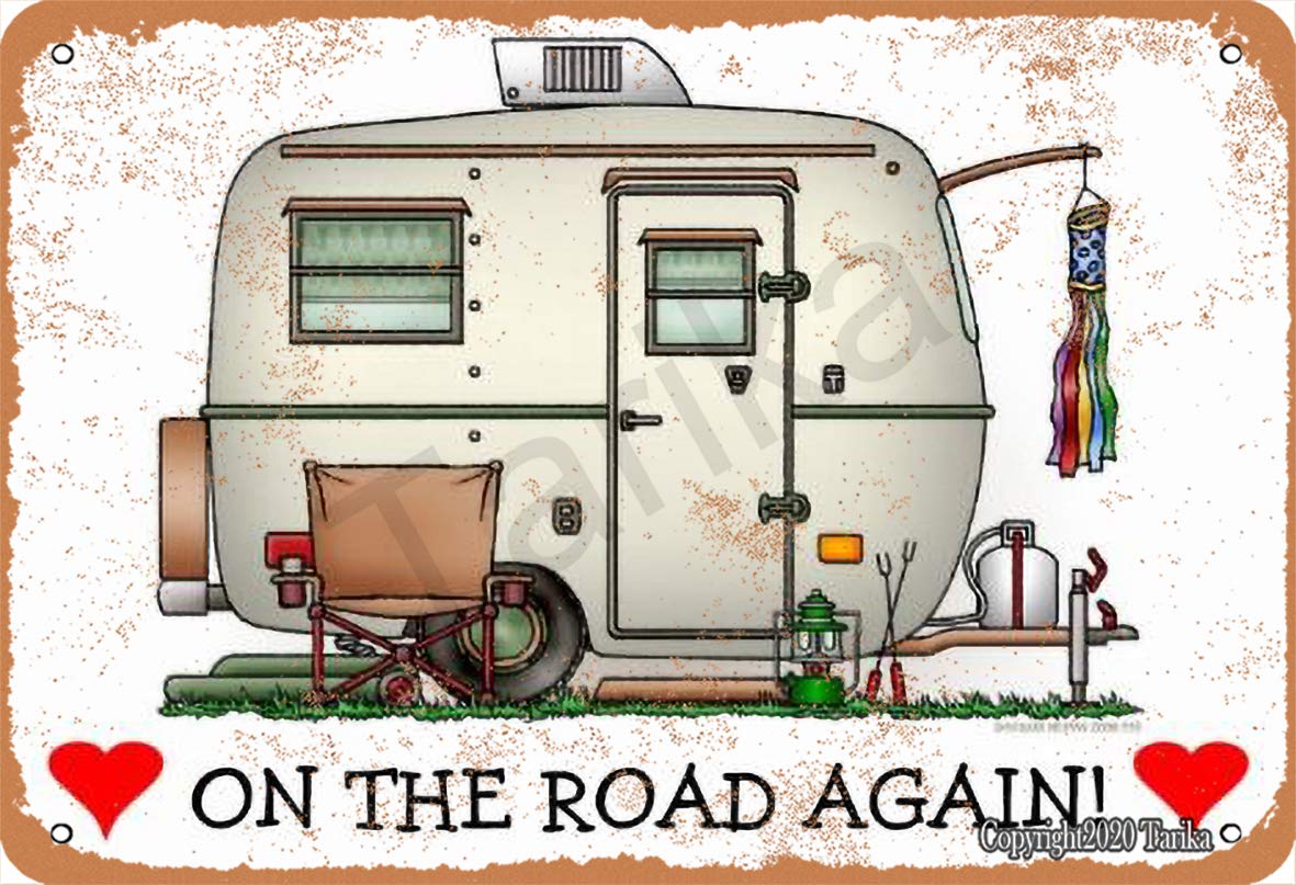 Tarika Camping On The Road Again Retro Look 20X30 Cm Tin Decoration Crafts Sign For Home Kitchen Bathroom Farm Garden Garage Inspirational Quotes Wall Decor