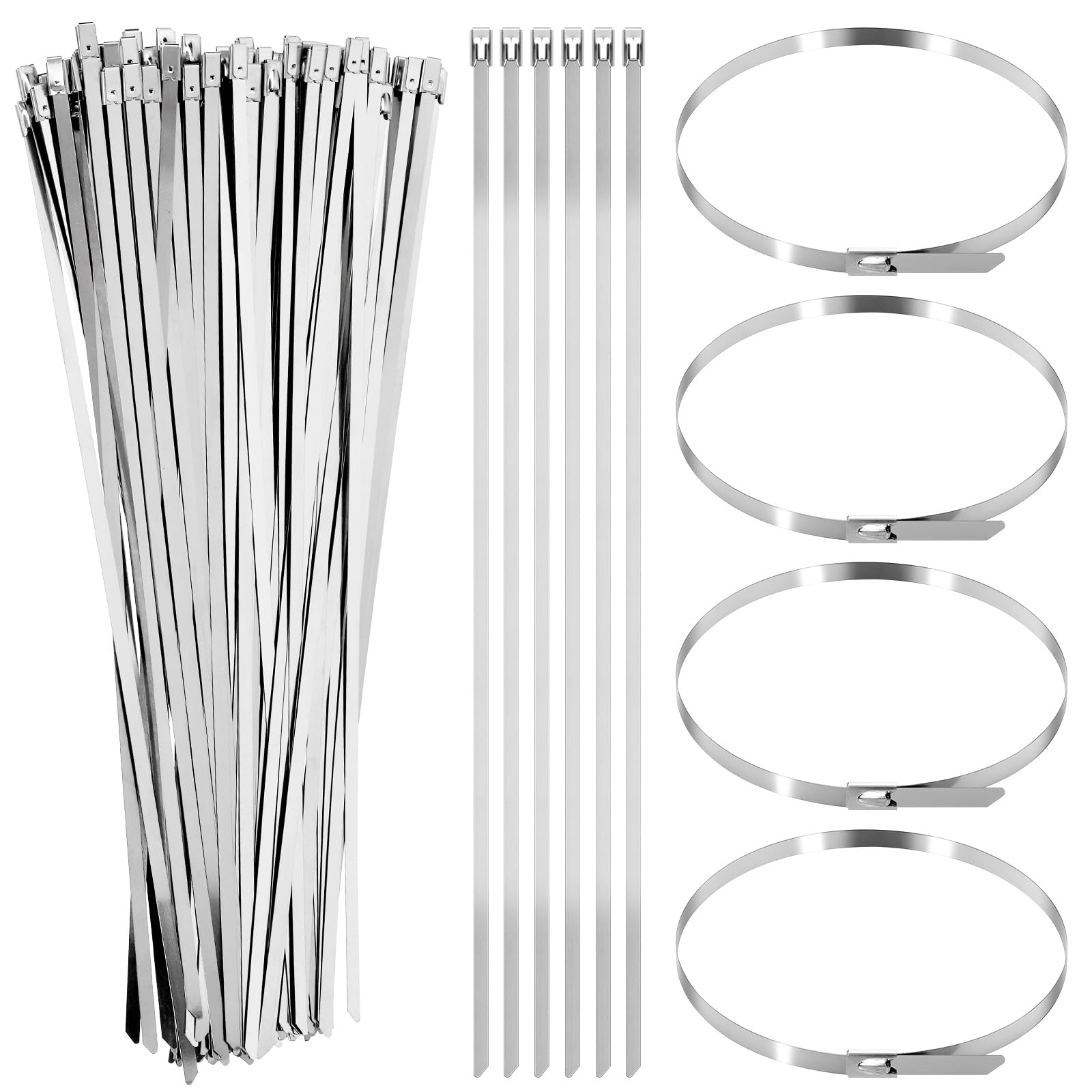 Glarks 100pcs 4.6 x 300mm 304 Stainless Steel Zip Ties Kit, Multi-Purpose Self-Locking Cable Ties, Metal Wire Ties for Machinery, Vehicles, Farms, Pipes, Roofs, Cables, Home, Garden