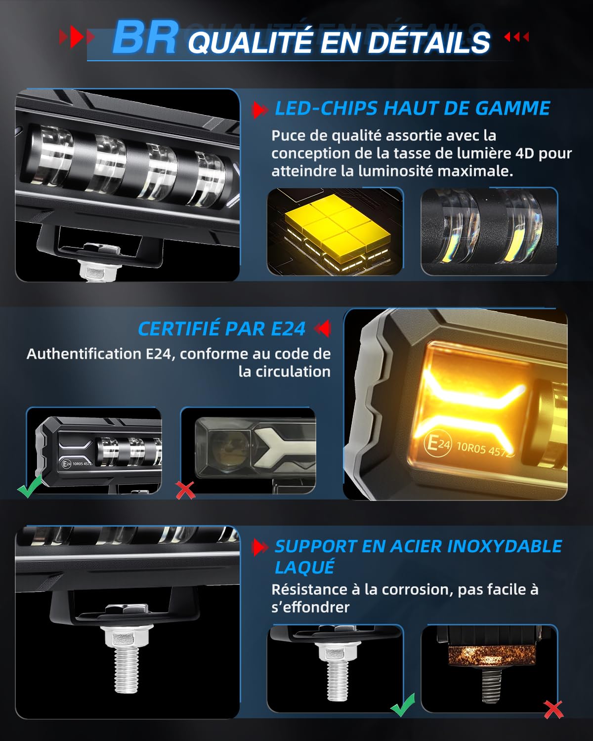 BraveWAY 2PCS Phare de Travail LED 12V 24V 6" 36W E24 Barre Rampe 4x4 Avec feux de jour blancs et clignote ambre Longue Portee LED pour 4x4 Moto Off-road Voiture Camion Tracteur SUV ATV