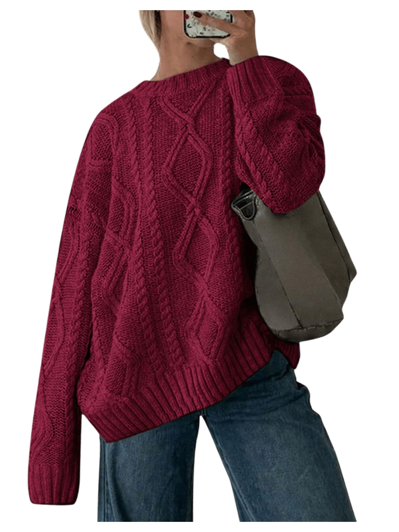 MakeMeChic Womens Cable Knit Long Sleeve Sweater Round Neck Drop Shoulder Knit Tops