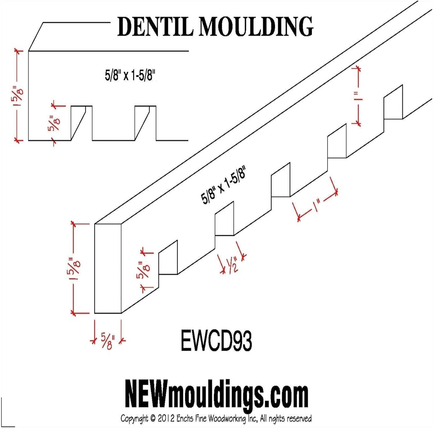 EWCD93 Dentil Moulding 1-5/8" High x 5/8" Trim. Unfinished, Red Oak, 94"