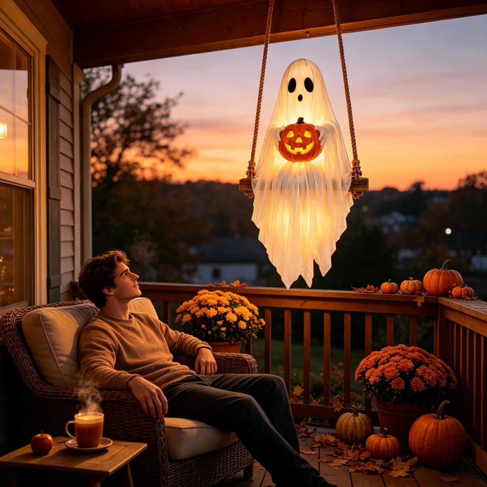 Oscillante Fantasma Outdoor Decor Hanging Garza Holding Puntelli Yard con | Decorazioni di Halloween all'aperto con telecomando per albero portico finestra prato giardino balcone porta casa