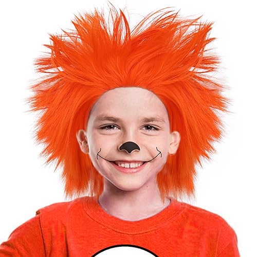 Anogol Gorro de pelo + peluca naranja loca para niños, peluca única con puntas y divertida, peluca de pelo loco, peluca mullida, pelucas para