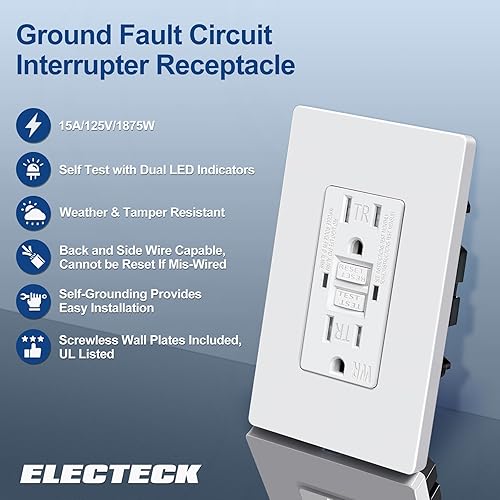 Miniatura 2 de ELECTECK Paquete de 5 salidas GFCI de 15 amperios, resistentes a la intemperie al aire libre (WR), receptáculos GFI de autoprueba con indicador LED,