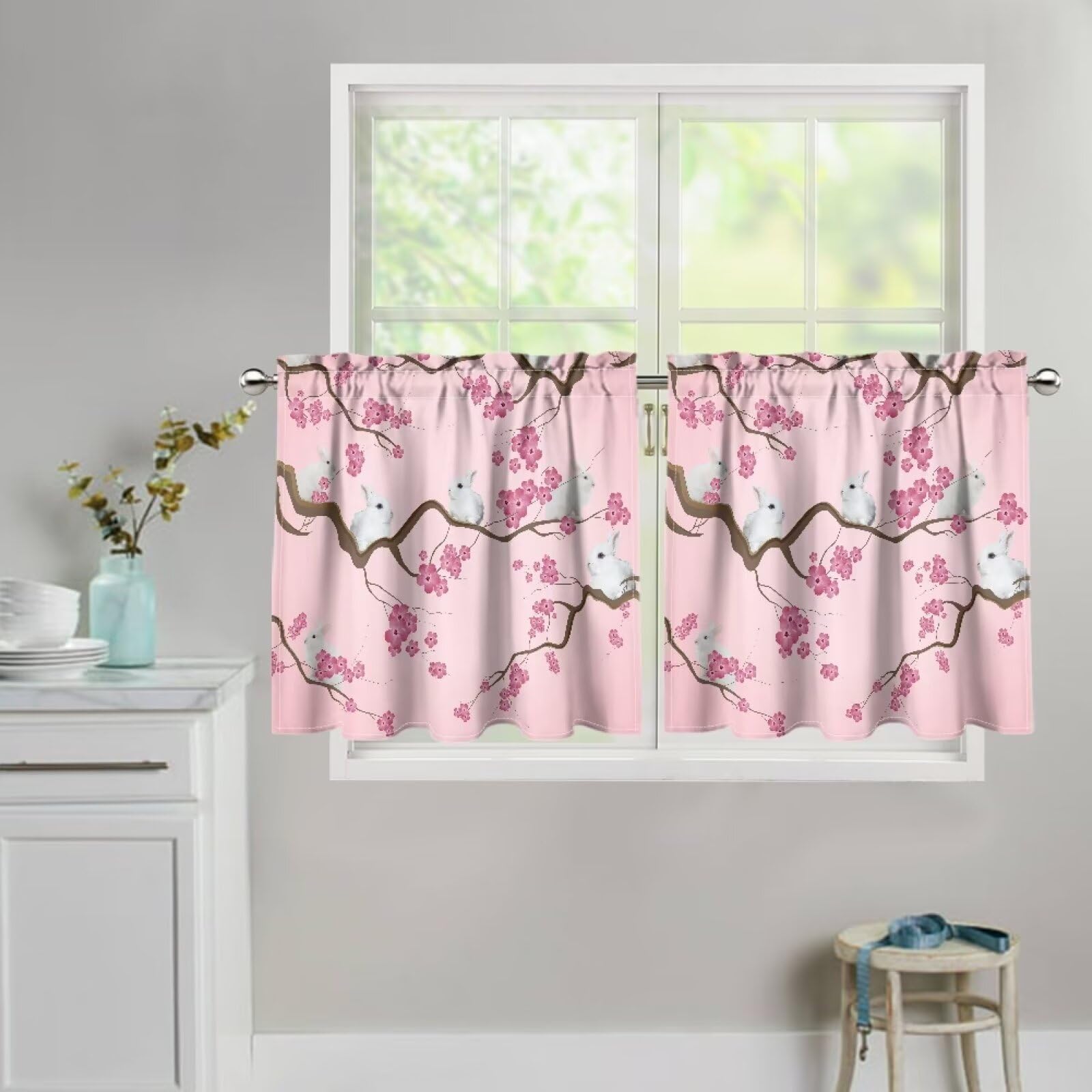 Dreaweet Pink Short Blackout Curtains Cherry Blossoms and Rabbit Print Window Curtains for Bedroom,Small Window Curtains Tiers for Bathroom 24 inch Length,2 Panels Set