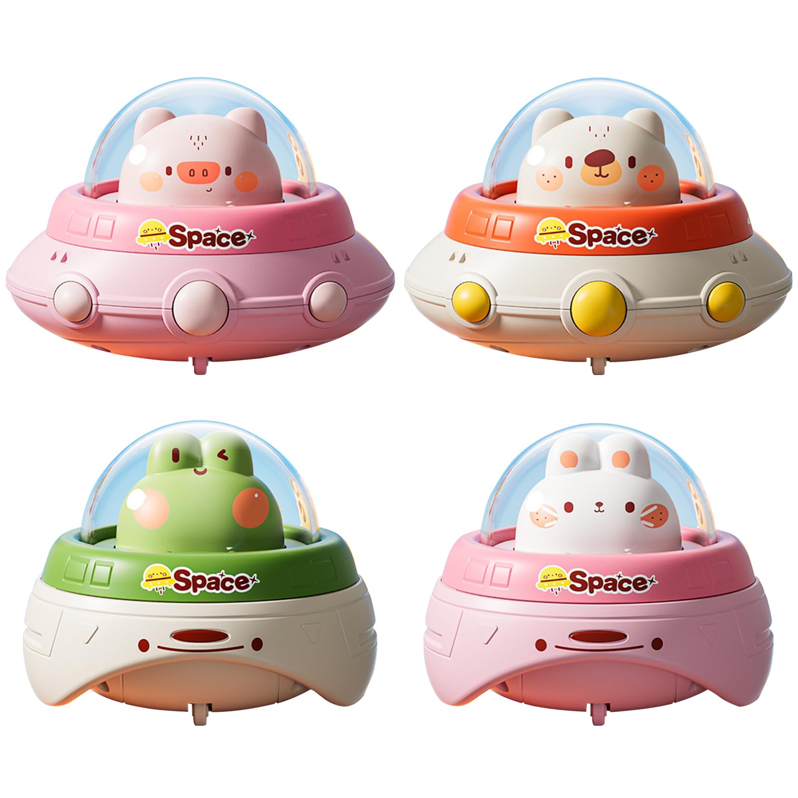 LHCUPGE Press y Go Toy Cars 4 UFO Coches de Juguetes, Cartoon Coches de Juguetes, Vehiculos de Juguete de Bonita Forma para Deslizar UFO Coches de Animales Conejo, Rana, Oso.Coches para Niños 1-3 Año