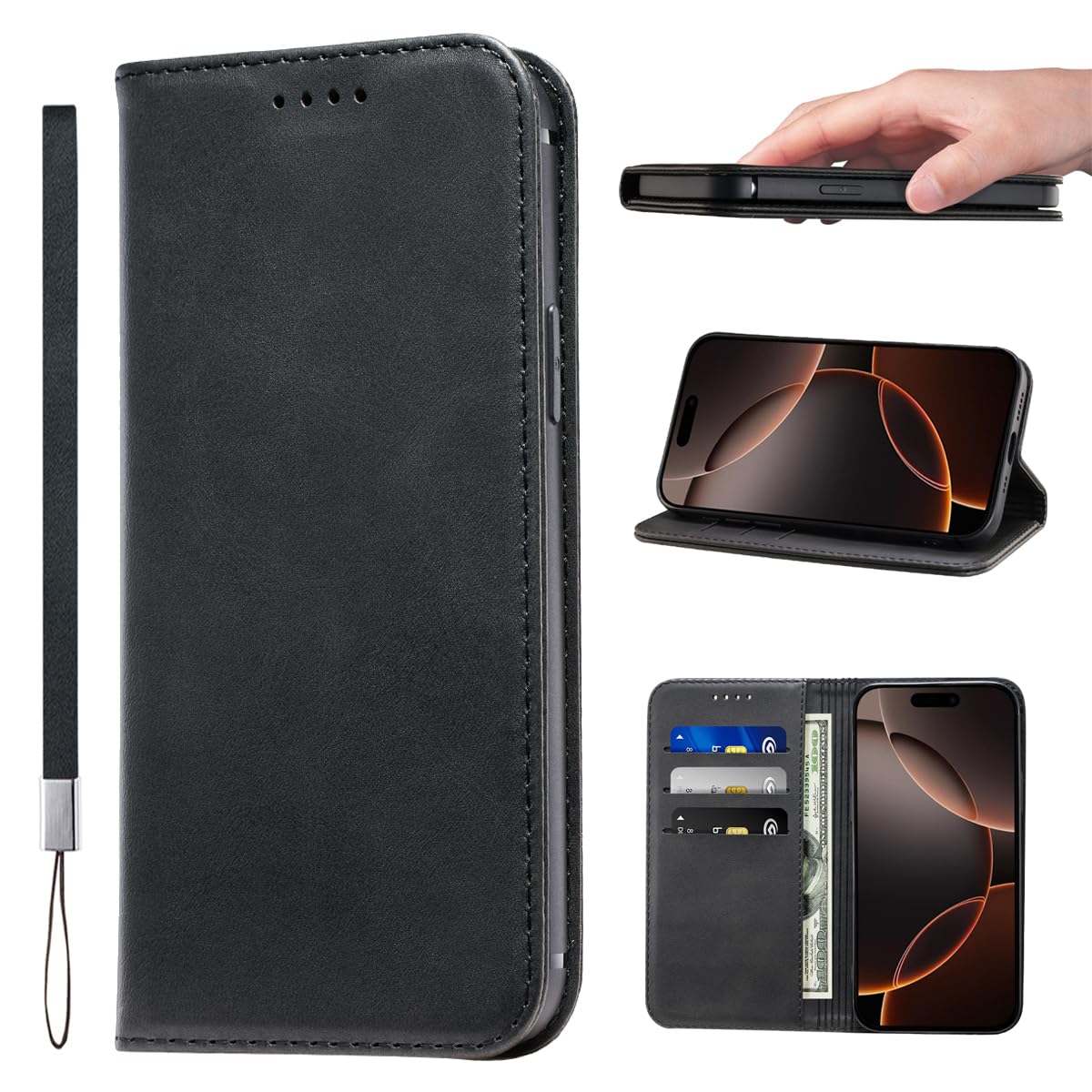 iPhone 16 Pro Max Case PU Leather Wrist Strap Wallet Case Card Holder Shockproof Flip Cover - Black