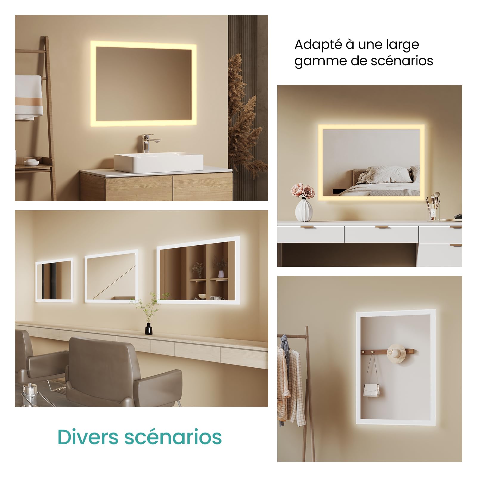 EMKE Miroir Salle de Bain LED Rectangulaire 50x70 cm Interrupteur Bascule | Miroir mural IP44 pour hôtel et maison,Antibuée,Pose verticale ou horizontale,2 couleurs 3000K/6500K