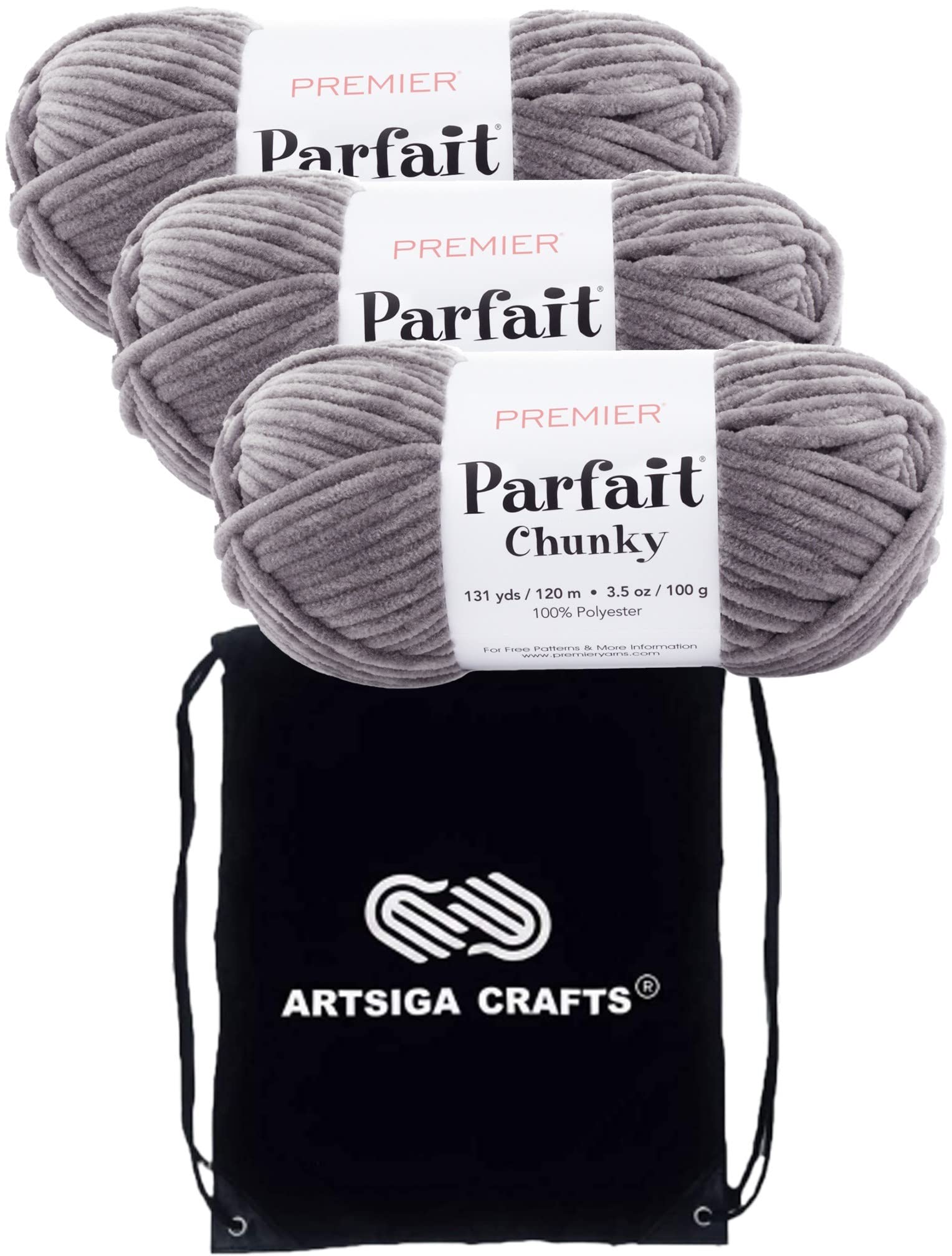 Premier Yarns Parfait Chunky Seal 1150-19 (3-Skeins - Same Dye Lot) Weight S Bulky #6 Polyester Yarn for Crocheting and Knitting - Bundle with 1 Artsiga Crafts Project Bag