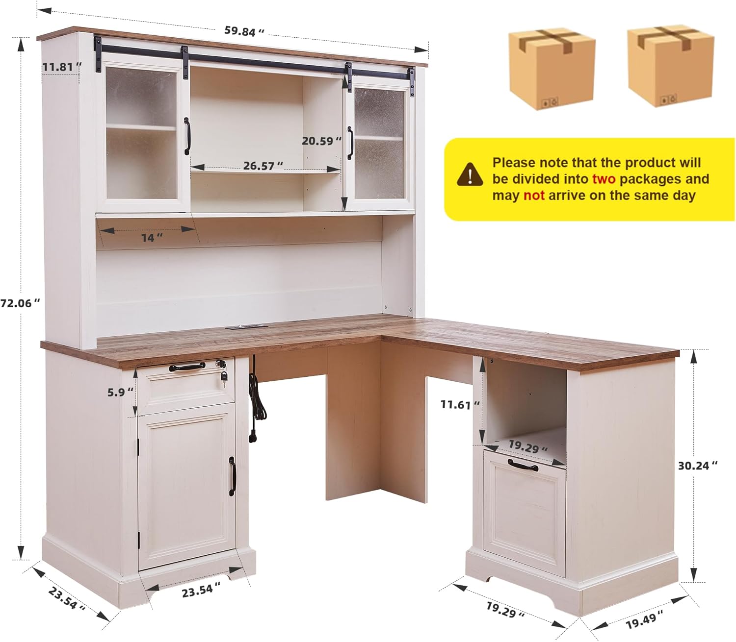 60" Farmhouse L-Shaped Executive Desk with Hutch,Secretary Desk with Hutch,Charging Station,Lockable Drawer, Adjustable File Cabinet & Shelves for Home Office