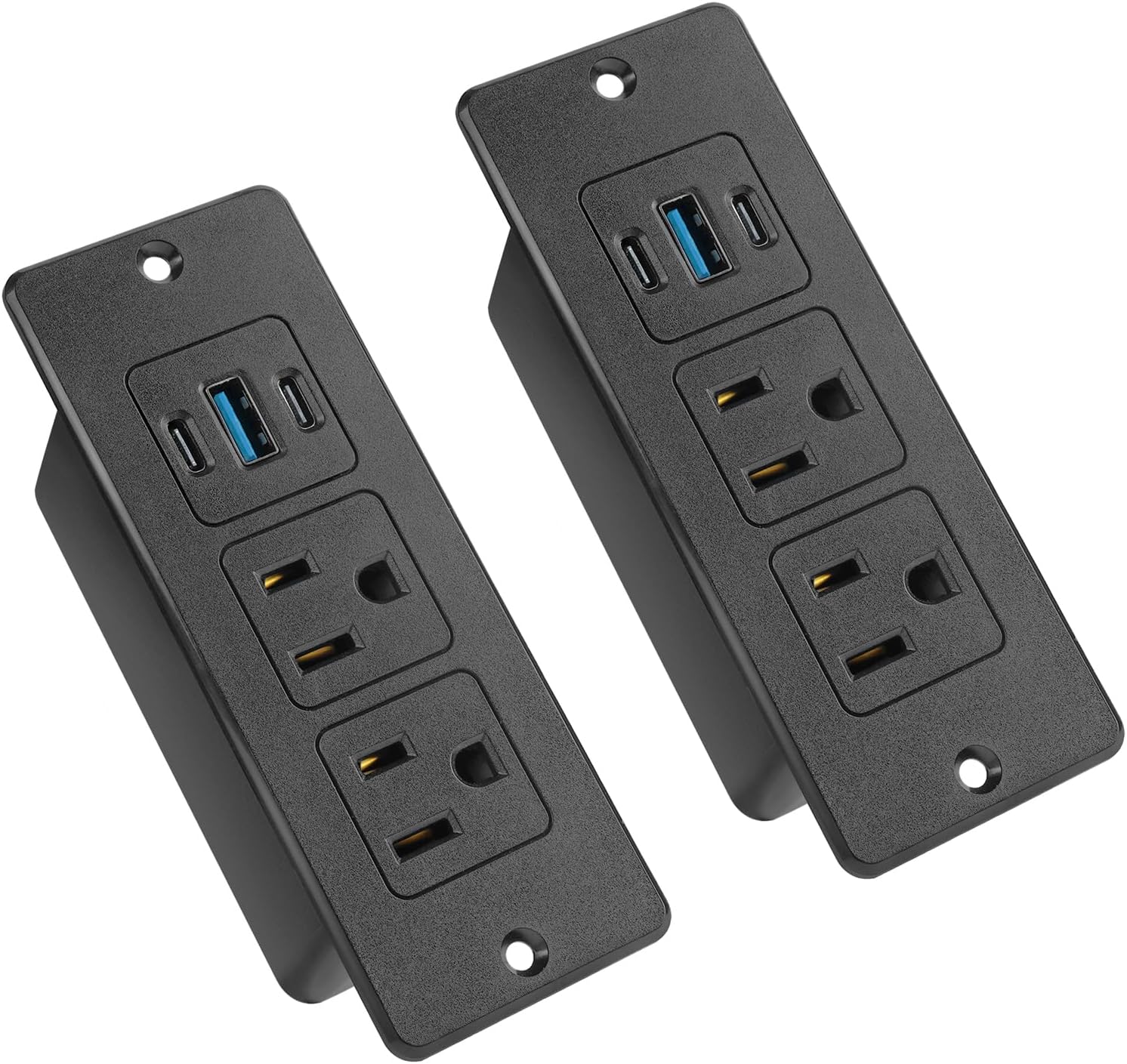 2 Pack Recessed Power Strips USB, 20W Fast Charging Furniture Outlets - 2 AC & 3 USB (2 USB-C + 1 USB-A) for Desk, Bedside, Drawer - Space-Saving, 6FT Cord, Black
