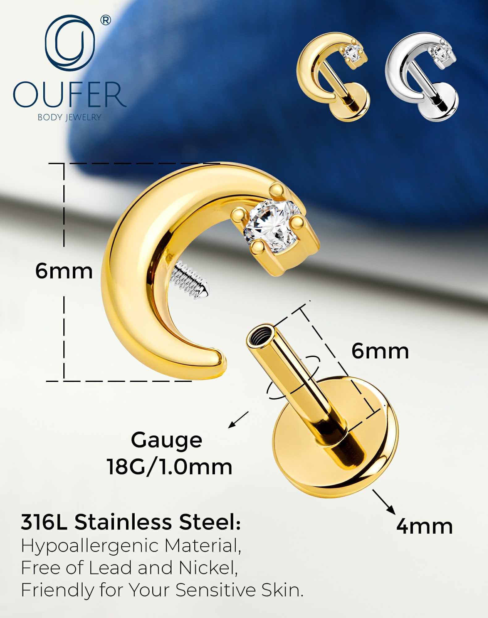 OUFER Body Piercing Helix Stud 18G Stainless Steel Moon CZ Labret Piercing Jewelry Internally Threaded 6mm Bar Gold/Silver Cartilage Earring Tragus Lip Piercings for Women - 3