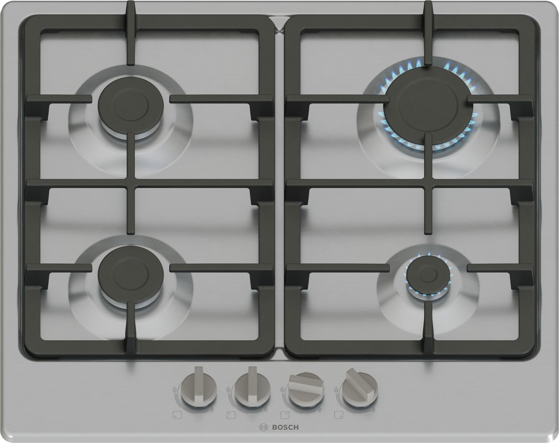 Bosch Bosch, Series 4, PGP6B5K90 60cm Gas Hob with 4 burners, 2 Dishwasher suitable cast iron pan supports, new standard sword dials,