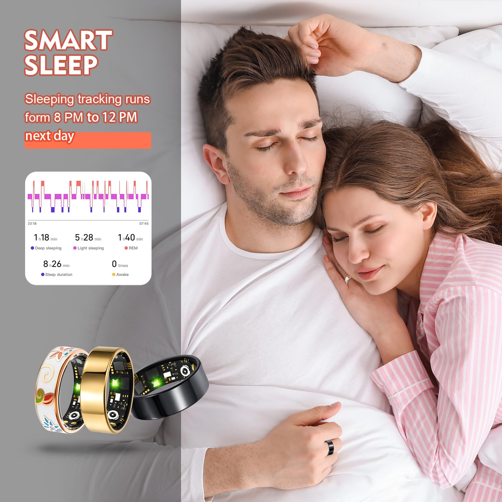 Smart Ring Health Tracker per donne e uomini, monitoraggio del sonno con frequenza cardiaca, SpO₂, pressione sanguigna, anello fitness per monitoraggio attività, senza abbonamento, anello Step Tracker