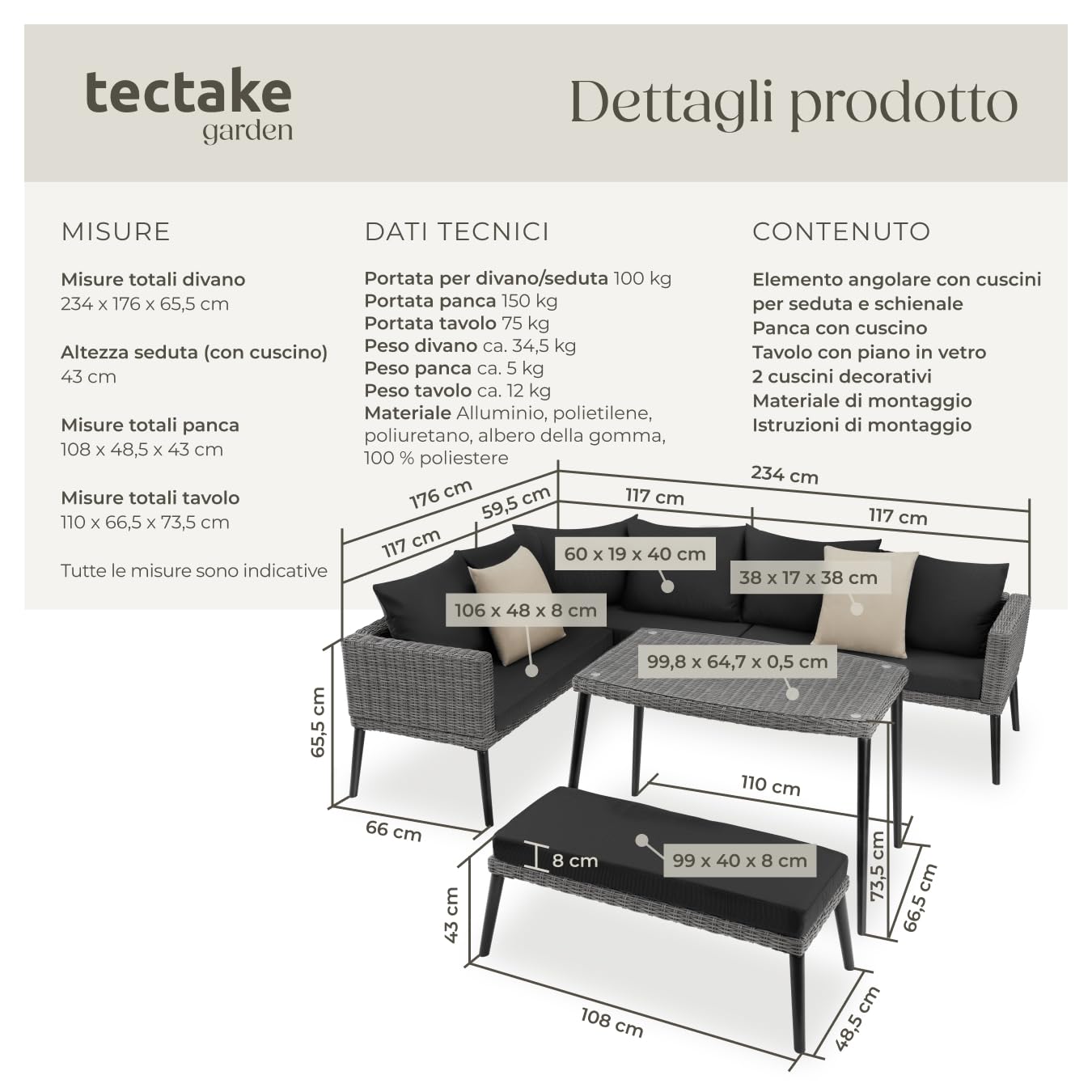 tectake® Salottino in rattan Pula, Telaio in Alluminio, Tavolino Salotto con Lastra in Vetro, Divano Salotto, Elemento Angolare, Imbottitura spessa, Resistente ai Raggi UV - Grigio