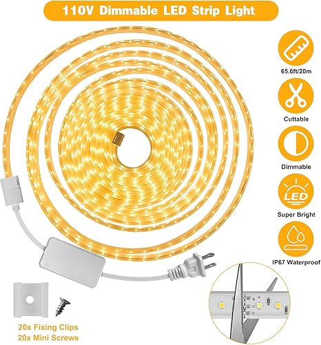 Miniatura 3 de Tira de luces LED de 65.6 pies regulables de alto brillo, resistente al frío, 110 V, cuerda de luces de CA IP67 impermeable, 3000 K4000 K6500 K, luz