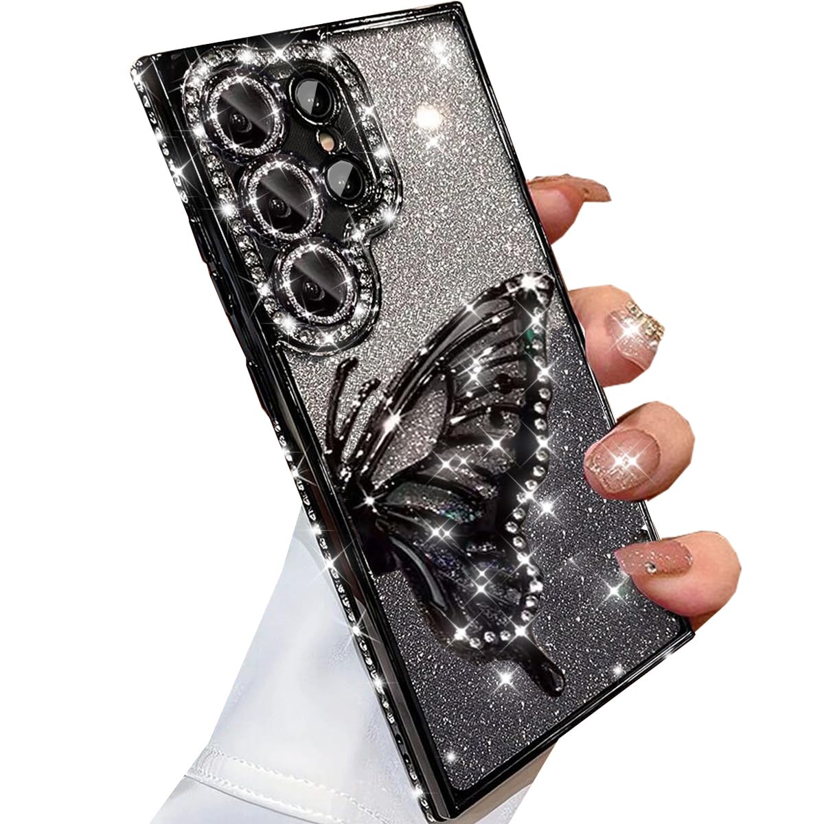 Changjia for Samsung Galaxy S25 Ultra Glitter 3D Butterfly Case,Cute Luxury Bling Sparkly Diamond Rhinestone Liquid Flowing Case with Camera Lens