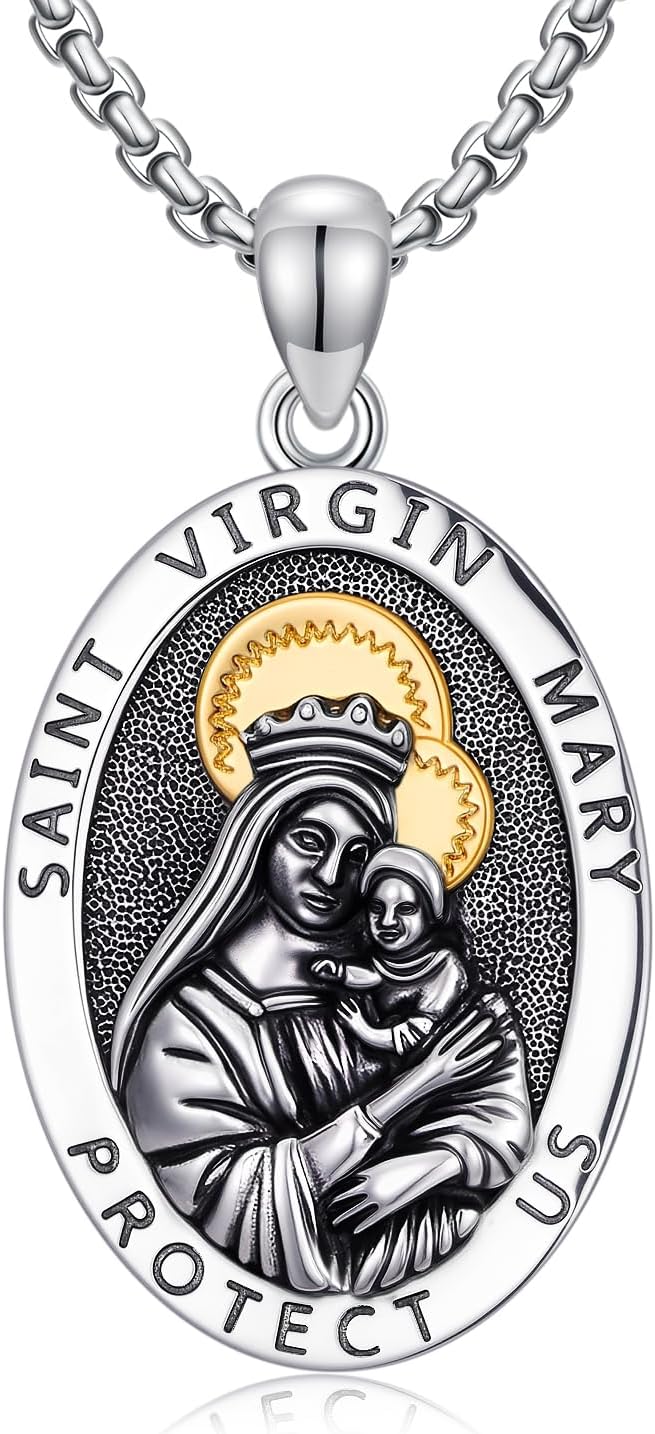 925 Sterling Silver St Michael/St Benedict/Virgin Mary Miraculous Medal Necklace Protection Amulet Pendant Catholic Medallions Jewelry