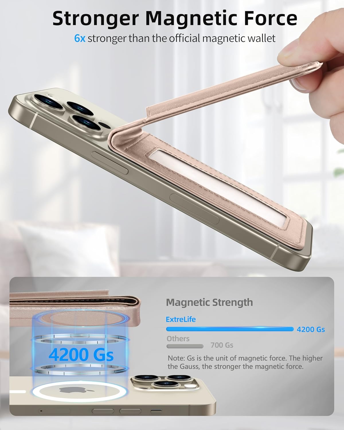 ExtreLife for Magsafe Wallet Stand, Strongest Magnetic Wallet for iPhone 17/16/15/14/13/12 Series, Adjustable Stand, ID Window, 6 Cards Holder, Vegan Leather, RFID Blocking, Desert Titanium Gold