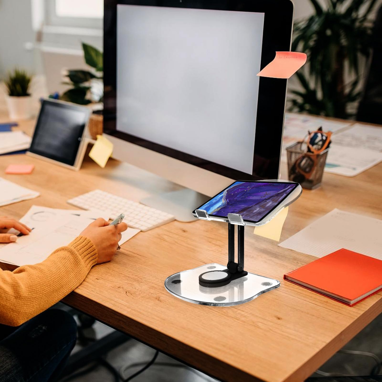 Soporte para Tableta de Escritorio Giratorio y Plegable de Acrílico Negro, Práctico y Estable para Tabletas y Dispositivos