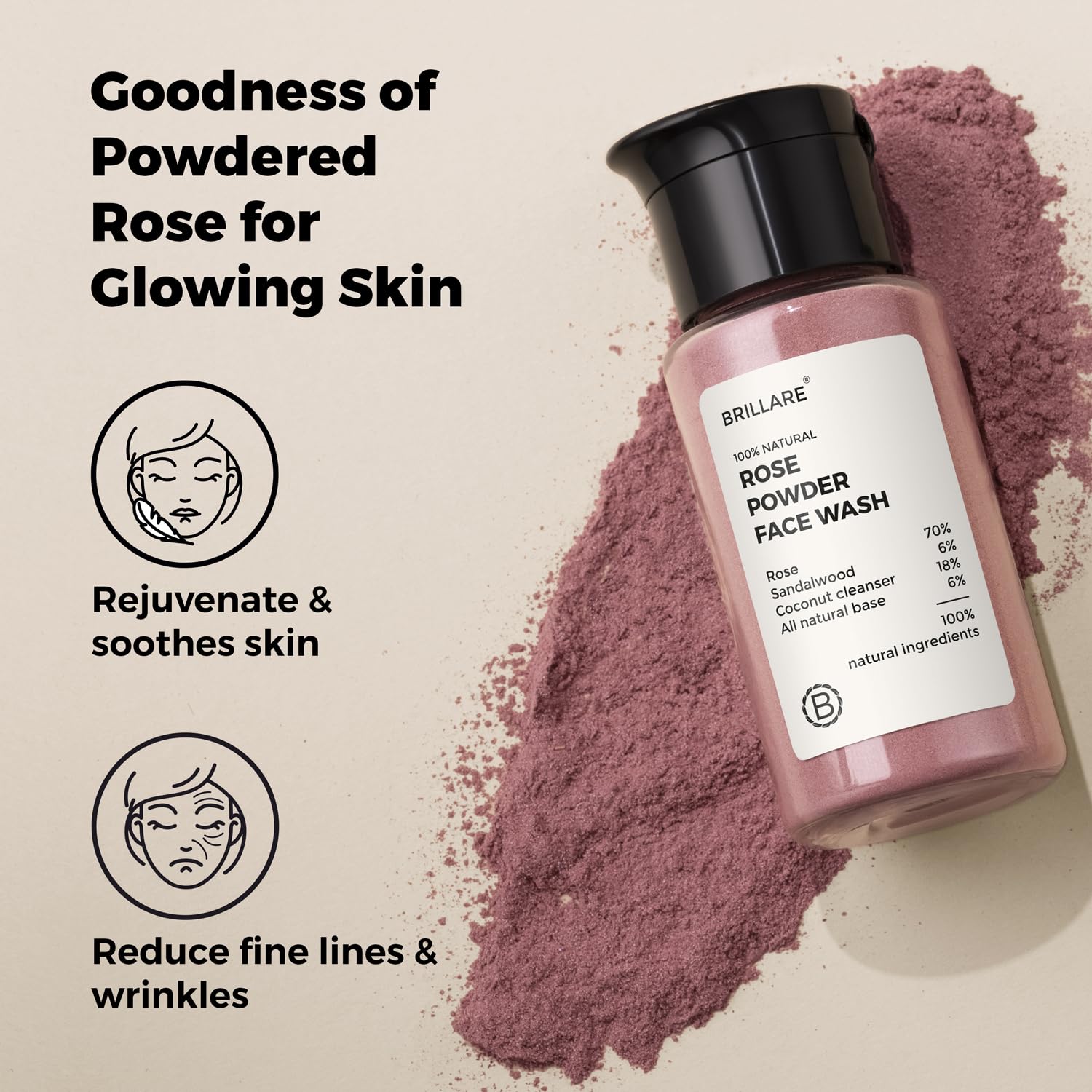 Brillare Rose FaceWash, Anti Ageing Skin, Sandalwood & Coconut for Hydration, Reduce Wrinkles & Provides Supple Look, 100% Natural Powder Face Wash, 15g