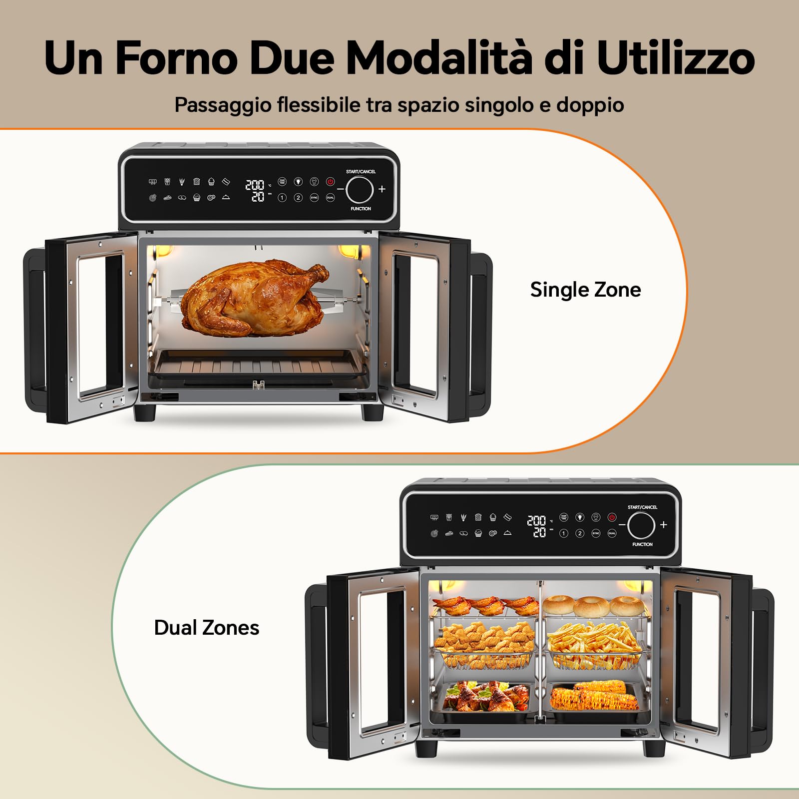 Emphsism Freidora de Aire 23L XXL - Mini Horno Eléctrico Zona Flexible, Doble Puerta Freidora Aire Temperatura Independiente 200°C, 12 en 1 Air Fryer Ventana Luz Interna & Recetas, para Familias