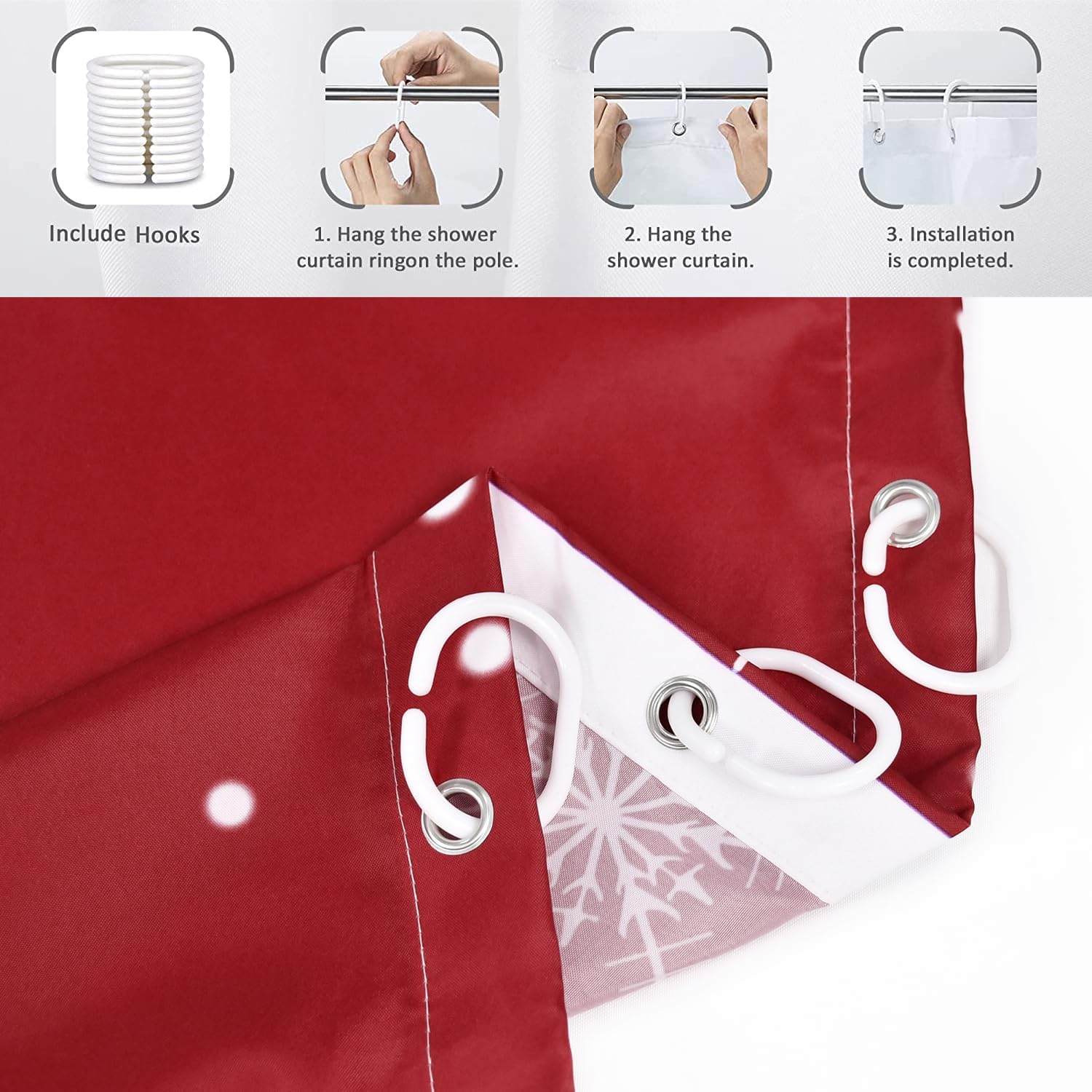 Christmas Snowman Shower Curtain, Red Funny Christmas Snowman White Snowflake New Year Winter Bathroom Curtain Home Xmas Decor Waterproof Fabric Machine Washable with 12 Hooks, 72" Wx84 L