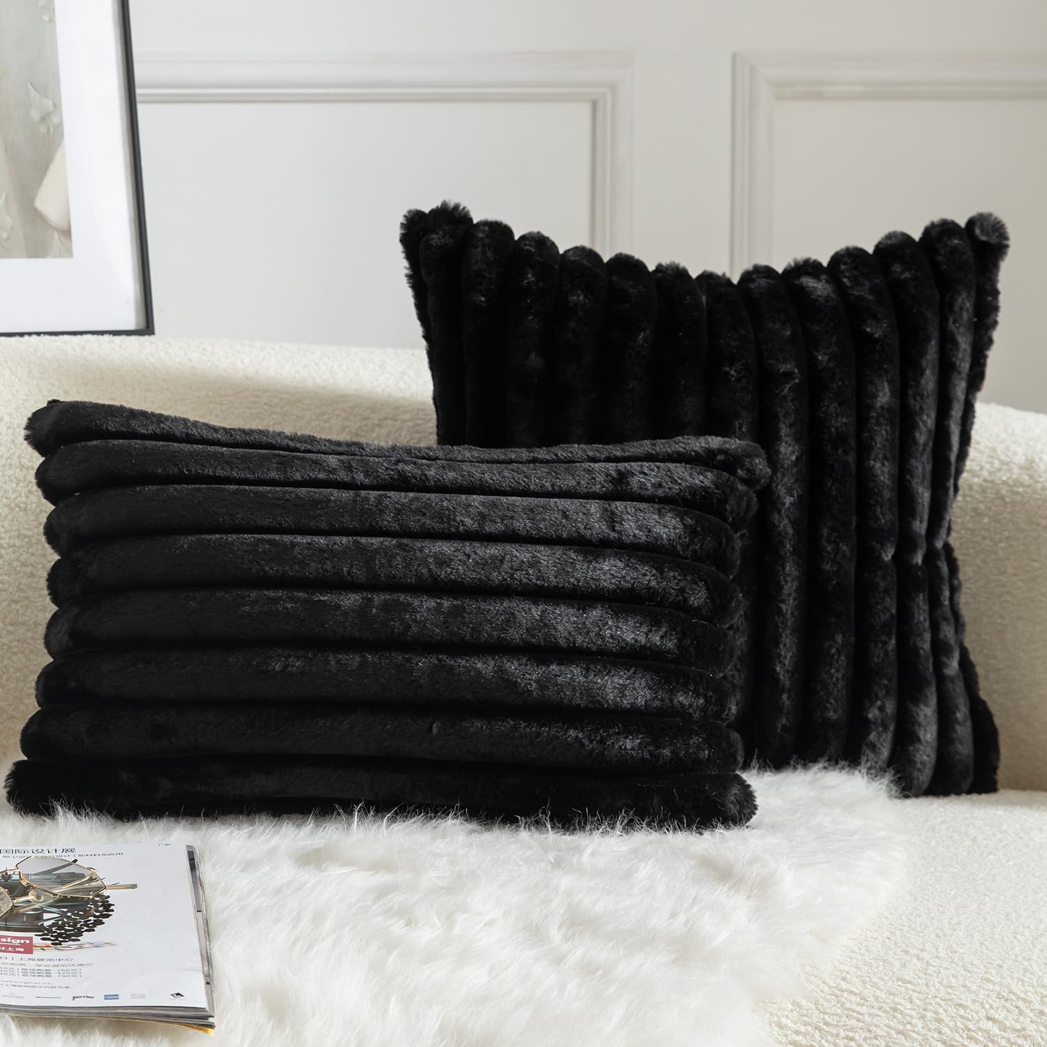 Mandioo Pack of 2 Decorative Cushion Covers 30cm x 50cm Faux Fur Striped Plush Soft Throw Pillow Covers Pillow Cases Bedroom Living Room Sofa Home 12x20 Inch Black - Image 4