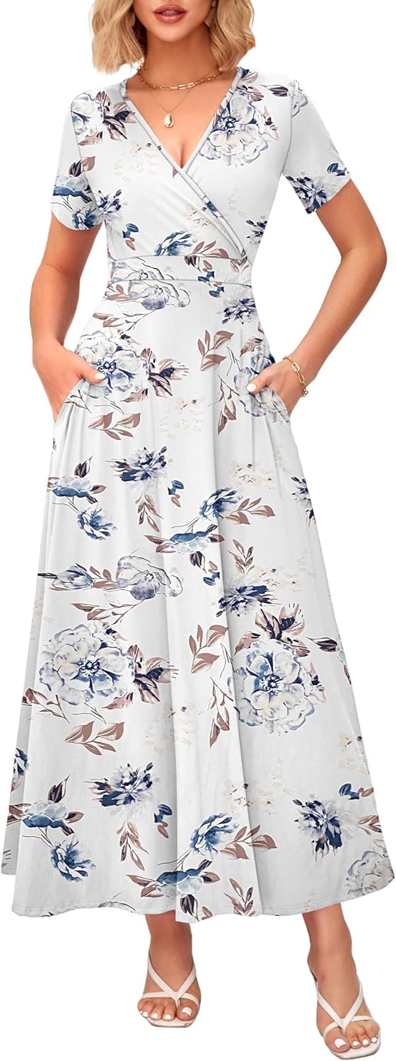 WNEEDU Women's Summer Maxi Dress Short Sleeves Wrap V Neck Long Dresses with Pockets