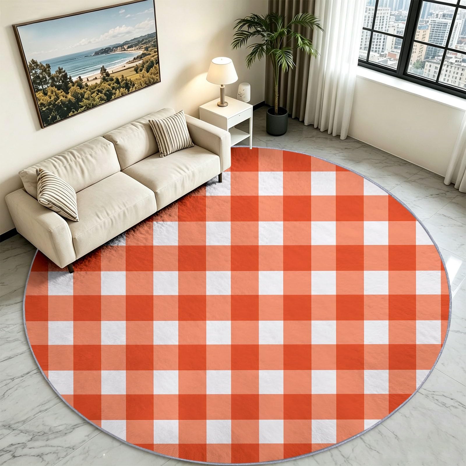 Tappeto rotondo lavabile, 60 cm, morbido, con motivo scozzese a scacchi, a pelo corto, antiscivolo, per ingresso, soggiorno, camera da letto, accanto al divano e all'ufficio (bianco)