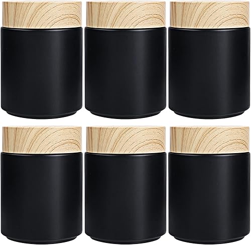 Furnido Paquete de 6 tarros de vidrio redondos negros de 8 onzas, recipientes de vidrio vacíos para cosméticos con tapa de grano de madera de