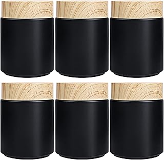 Furnido 6 Pack 8 oz Black Round Glass Jars,Empty Glass Cosmetic Containers with Plastic Wood Grain Lid,Inner Liners for Lotion,Powders,Ointments,Storage Creams,Candle Making