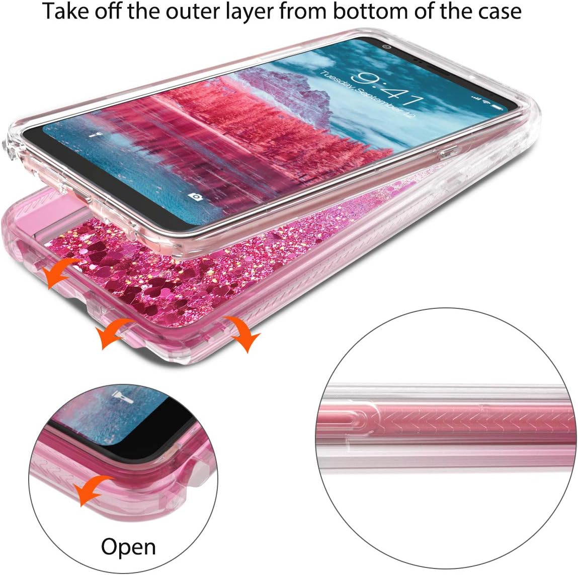 Dexnor Compatible with LG Stylo 5 Case with Built in Screen Protector Clear Glitter Bling Quicksand Rugged Silicone Hard 3D Dual Layer Hybrid Defender Bumper for Girl Women Pink
