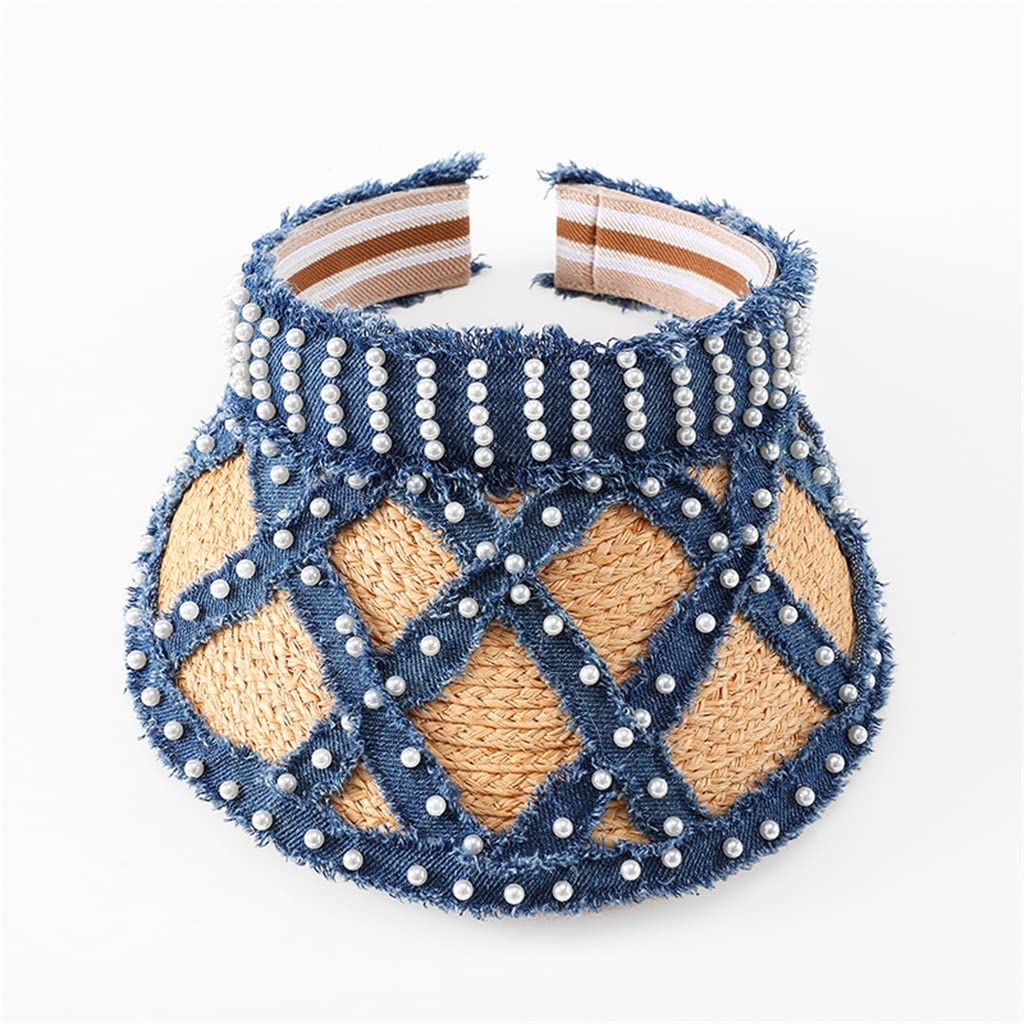 Cappelli da Sole con Visiera firmati per Donna Cappelli da Spiaggia Estivi Cappelli in Rafia Bordi in Denim con Perle Fatti a Mano