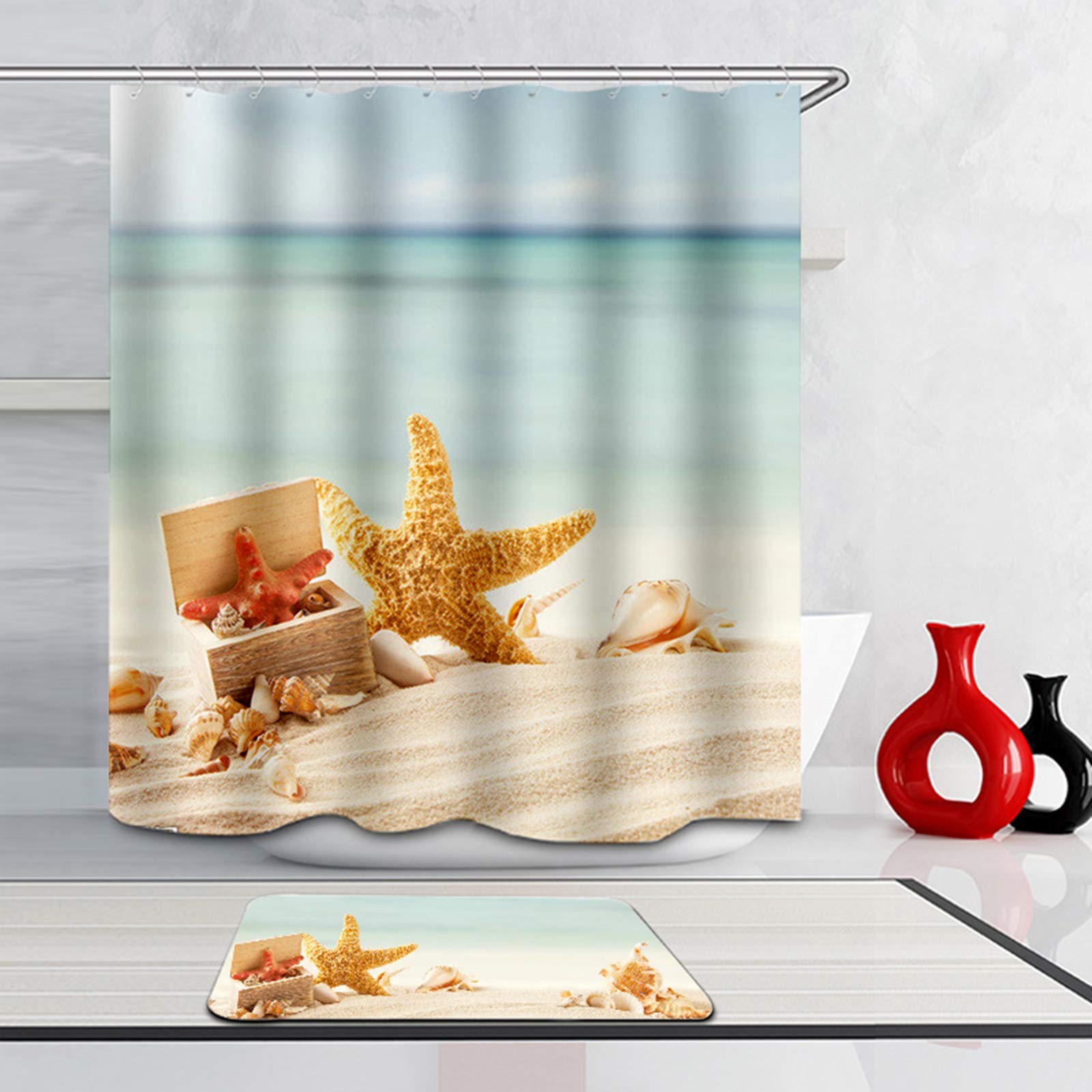Daesar Dywaniki łazienkowe pod prysznic antypoślizgowe 40 x 60 rozgwiazda muszla na plaży 165 x 200 cm zasłona łazienkowa vintage zestaw 2-częściowy
