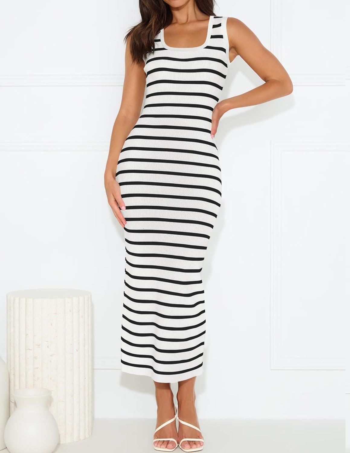 ZESICA Women's Summer Square Neck Bodycon Midi Dresses 2026 Casual Sleeveless Ribbed Knit Striped Beach Vacation Long Dress - Image 8