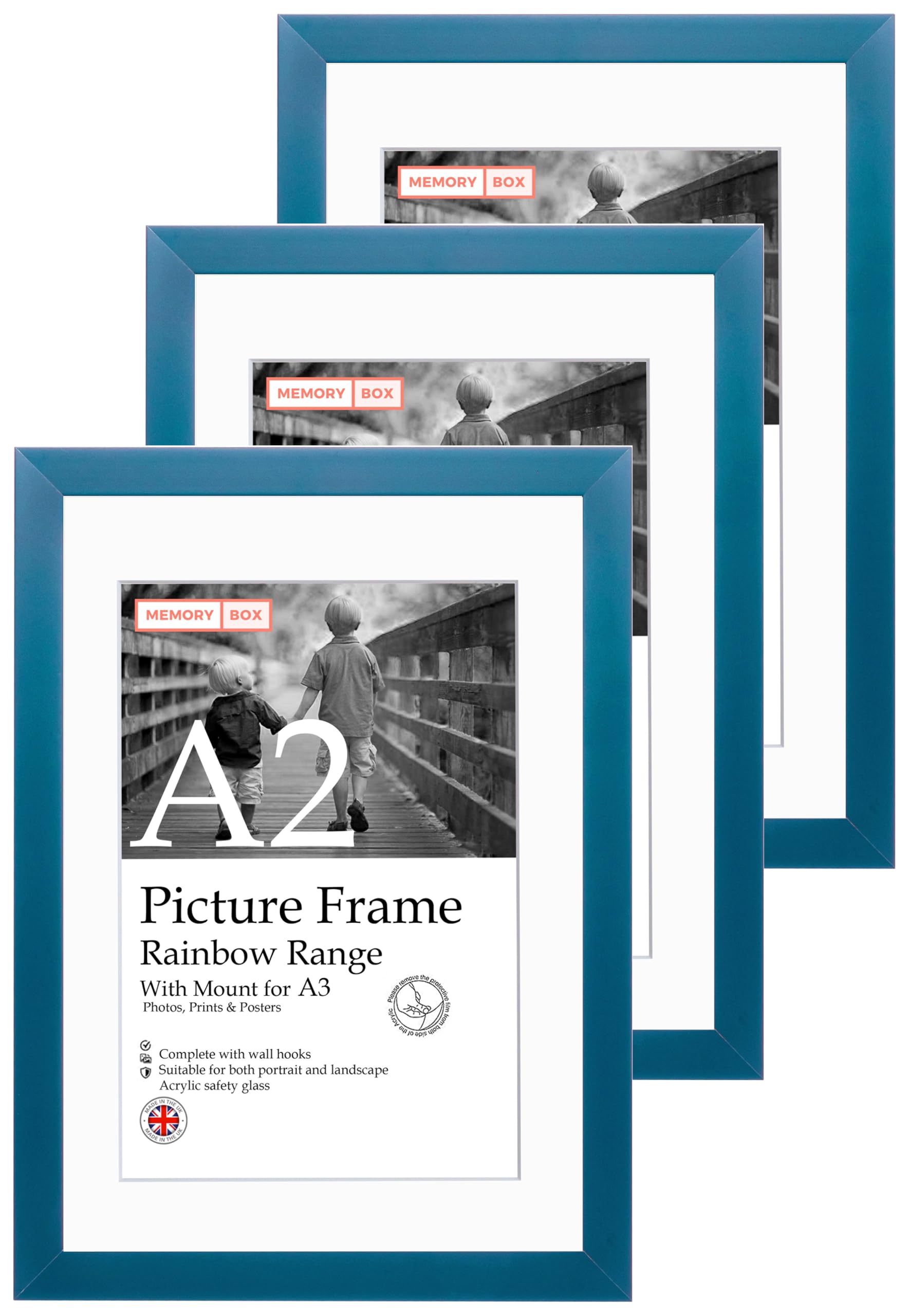 A2 Blue Picture Frame Set of 3, Perfect for Displaying A3 Pictures with Mount or A2 Pictures Without Mount, Gallery Wall, Posters, Photos, Artwork, or Prints, Blue