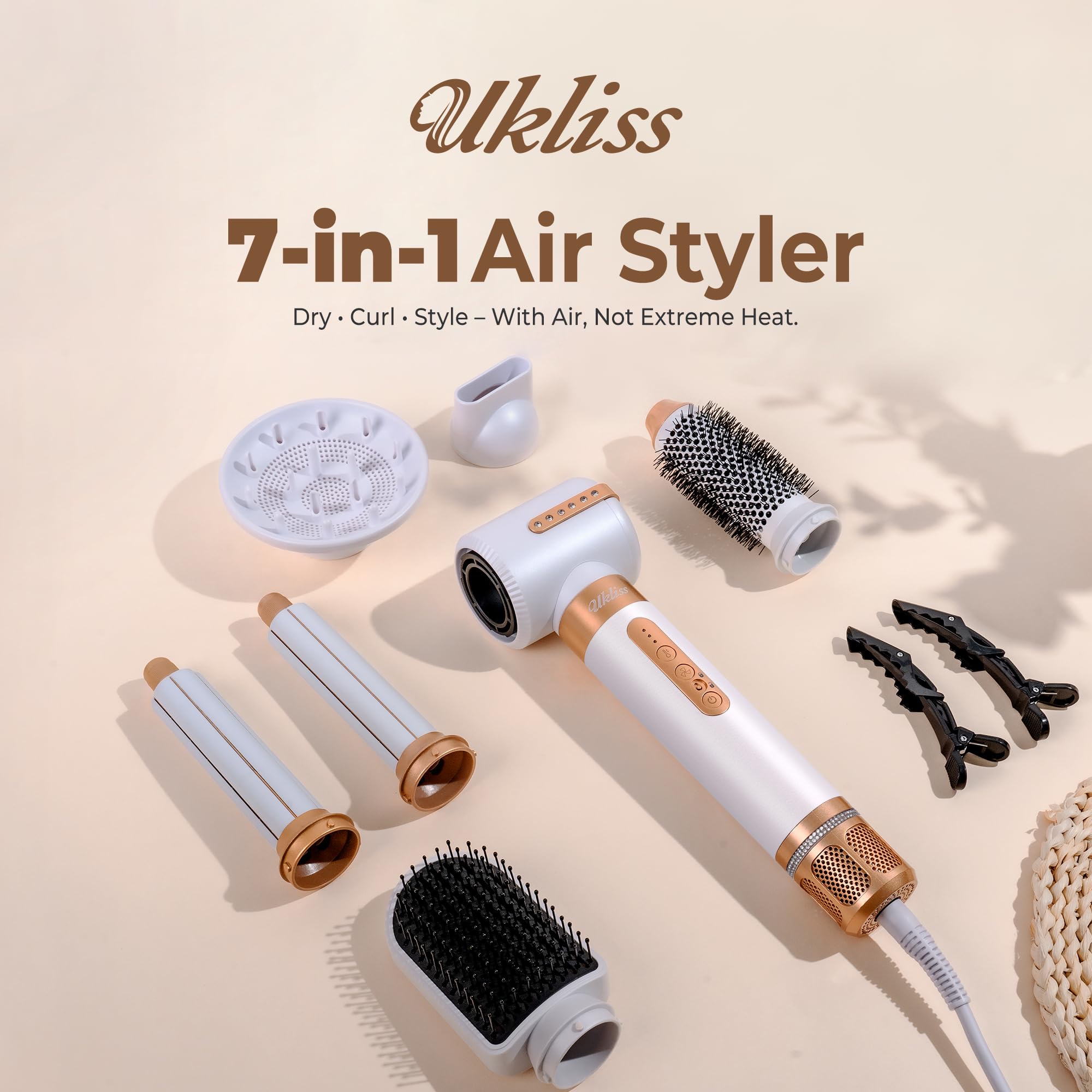 UKLISS 7 in 1 Hairstyler Hair Styler Set Haarstyler Föhn mit Diffusor | mit 110000 U/Min Haartrockner, Airflow Automatischer Lockenstab, Rundbürstenföhn, Stylingbürsten für Alle Haartypen